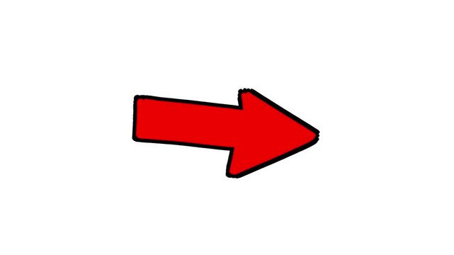 2D animation of a bold red arrow pointing to the right, outlined with a black stroke and set against a clean white background. The arrow gently wobbles in a loop, giving it a hand-drawn, playful carto