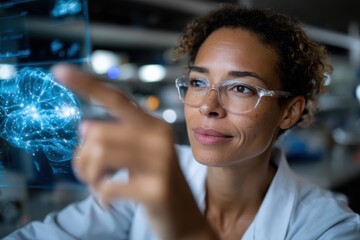 A researcher interacts with a futuristic digital interface showcasing neural networks, reflecting the fusion of technology and cognitive science in today's world.