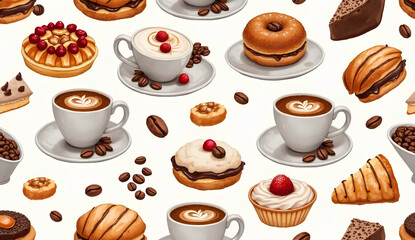Coffee and Pastry Pattern Illustration with Donuts and Cupcakes