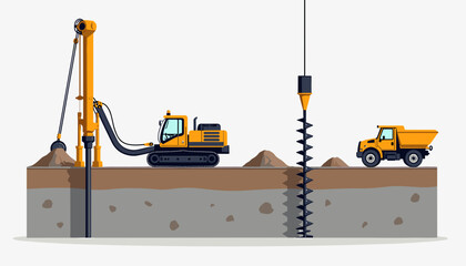 Excavator and truck drilling earth with a screw, illustrating construction machinery in action