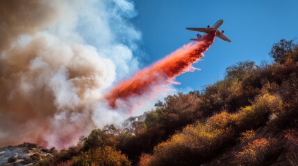 Aerial firefighting plane releasing orange retardant over wildfire, forest fire suppression operation in progress.