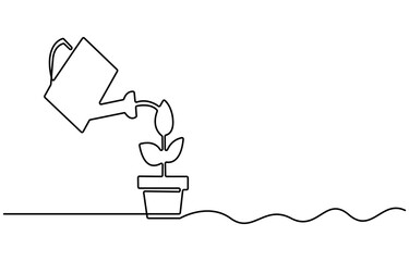 watering potted houes plant in single line draw illustration. Continuous one line drawing of Watering can and plant . Editable stroke.