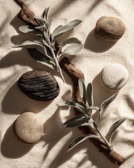 Zen still life overhead shot featuring sage branch driftwood and smooth stones on sand background
