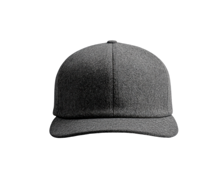 A dark gray, structured wool baseball cap, featuring a flat brim and a classic six-panel design