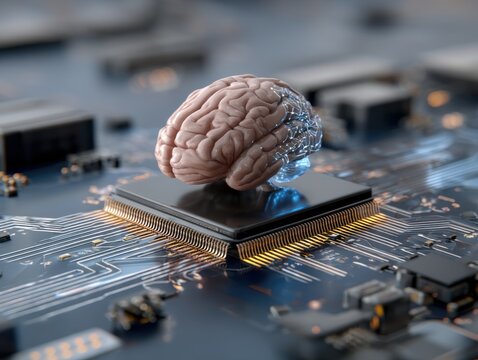 Artificial intelligence concept of human brain on computer chip close up futuristic technology machine learning