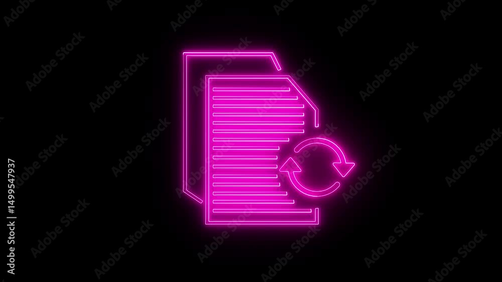 Poster glowing neon pink document and refresh icon animation on black background illustrating data updates 