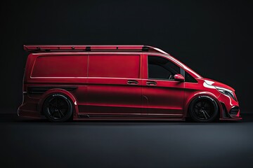 Sleek, red customized van, low profile, roof rack, dark background, side profile view, showcasing modified body kit and large wheels