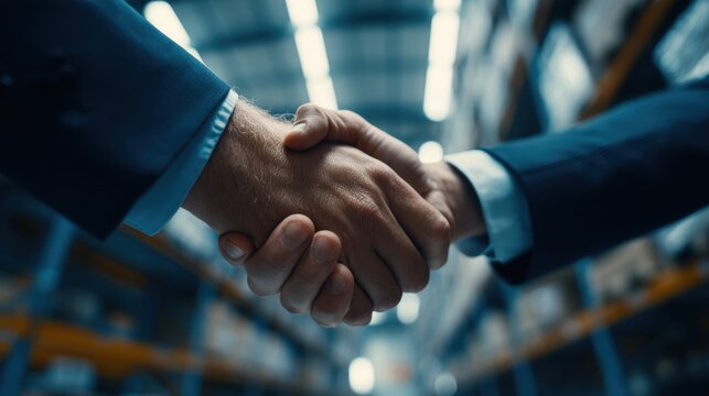 Close-up of Business Handshake in Warehouse, Symbolizing Partnership and Agreement, Low Angle, Professional Tone