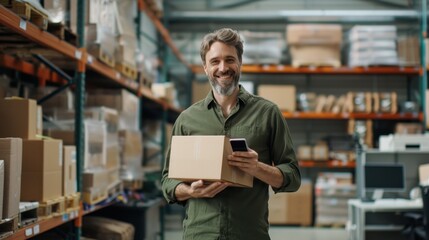 The warehouse worker holding package