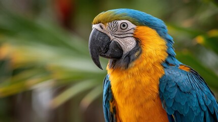 Obraz premium Blueandgold macaw portrait against blurred foliage