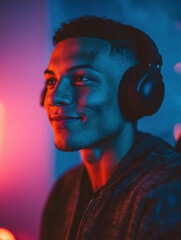 A confident young man wears headphones while gaming, illuminated by vibrant red and blue neon lights in a modern setup.
