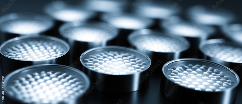 Poster close up of metallic containers filled with white spheres in a pattern abstract composition