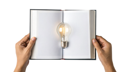 hand holding a book with light bulb isolated