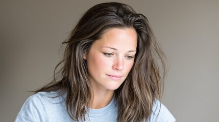 Naklejka premium A thoughtful woman with long, wavy hair appears focused while looking down. She embodies a sense of calm introspection, ideal for themes of creativity and personal reflection.