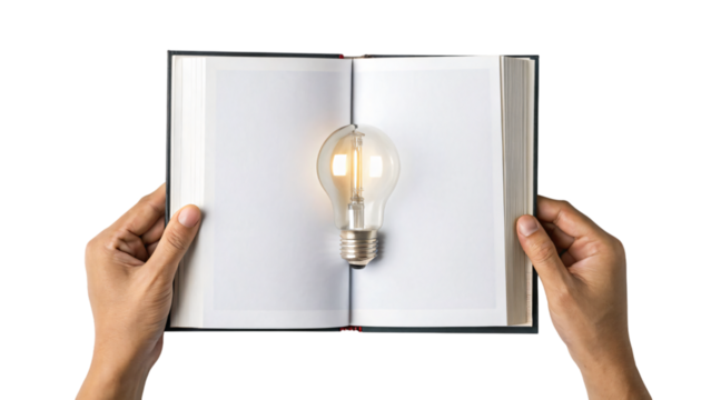 hand holding a book with light bulb isolated