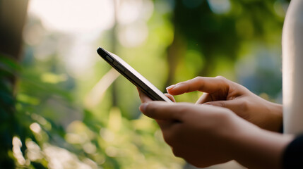 左手にスマートフォンを持ち、右手でタイピングする人物、早朝の光が差し込む屋外の公園、肌に柔らかく自然な影、リアルな手の質感とスマートフォンのディテールに焦点を当て、浅い被写界深度で緑の背景をぼかし、鮮やかな自然色