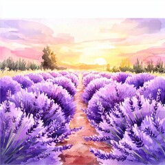 Sunset Lavender Field Watercolor Painting Serene Purple Landscape Art