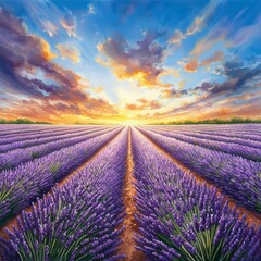 Stunning Lavender Field Sunset Vibrant Purple Rows at Golden Hour