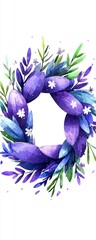 Elegant Watercolor Floral Wreath Purple Flowers and Greenery