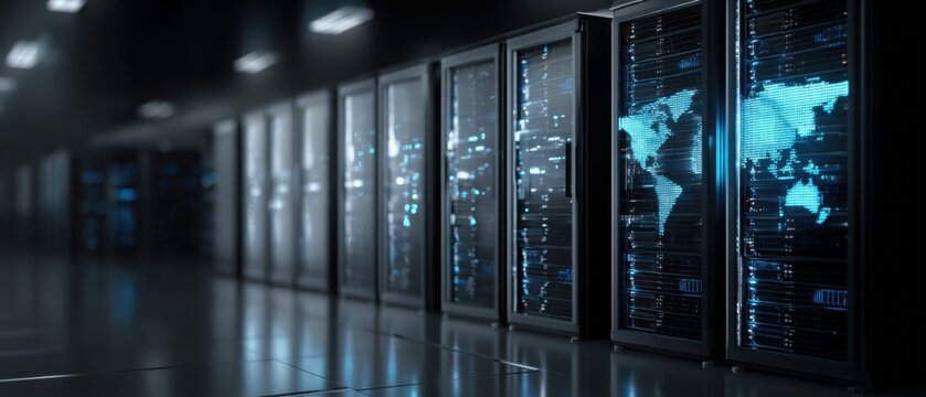 Data Center Servers Hosting World Map in Modern Facility Perspective View for Cloud Computing and Global Network Infrastructure