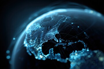 Digital Earth Globe with North America Showing Network Connections and City Lights in a Dark Blue Futuristic Style