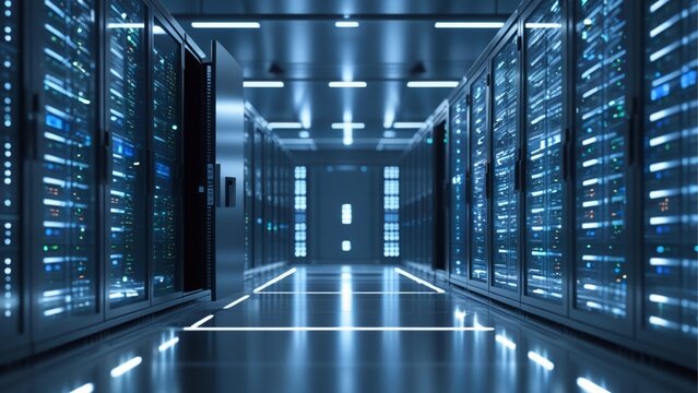 Futuristic data center interior with rows of illuminated server racks and high-tech lighting. The environment is sleek, clean, and symmetrical, highlighting advanced information technology infrastruct