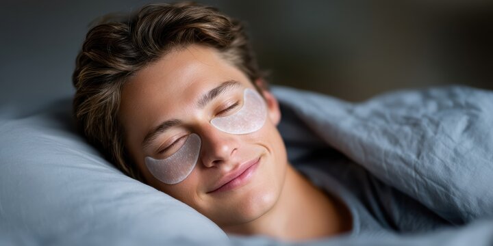 A young man relaxes in bed with under-eye patches, enjoying a restful moment and skincare treatment.