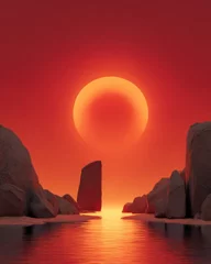 Fototapete Dramatic sunset over water reflecting light between rocky cliffs and monolith landscape scene in red and orange tones © Tam5