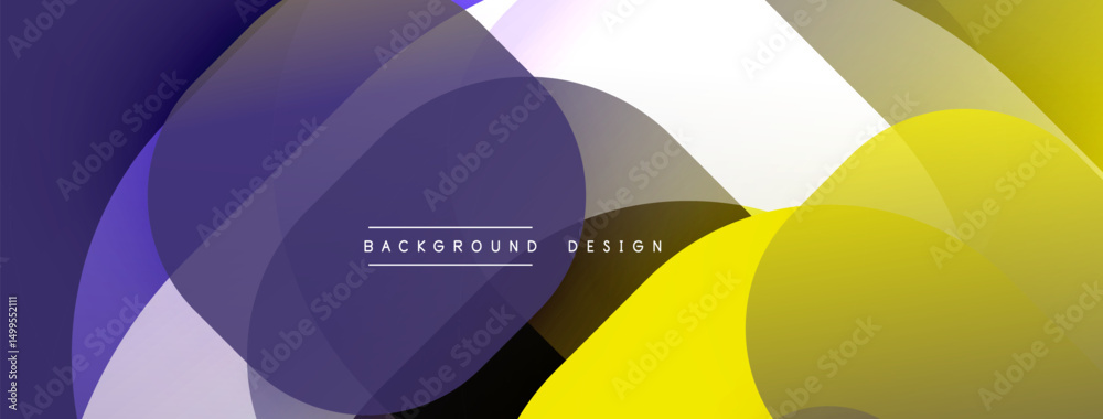 Poster Abstract shapes overlap, creating dynamic purple, yellow, white composition. Modern design element for backgrounds, presentations.