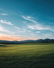 Fototapeta premium Rolling Green Field Landscape at Sunset with Blue Sky and Wispy Clouds Scenic View of Nature Outdoors