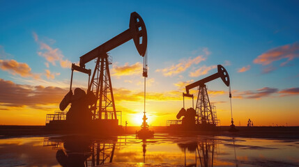 Silhouetted Oil Pumps at Sunset, Vibrant Sky Reflection
