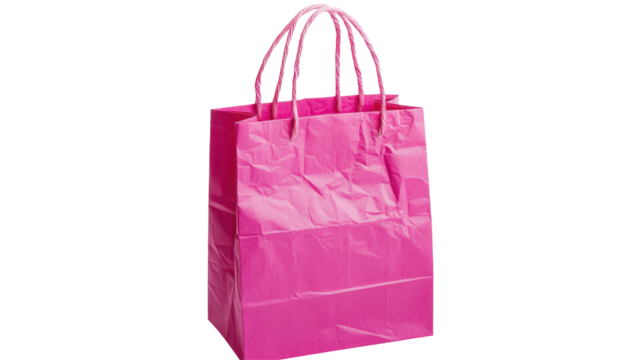 A small, hot pink paper gift bag with crinkled texture and two looped handles