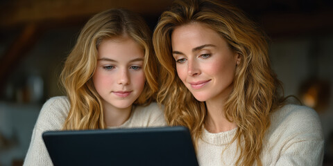 A mother and daughter sit together, smiling and looking at a tablet screen in a cozy, warmly lit room.