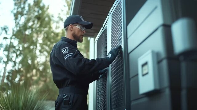 HVAC technician in uniform inspecting an external AC unit on the side of a house, a focus on the compressor and ventilation system as tools and diagnostic equipment surround him