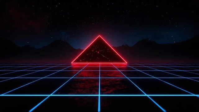Retro Futuristic Night Landscape: Glowing Red Pyramid Over Grid