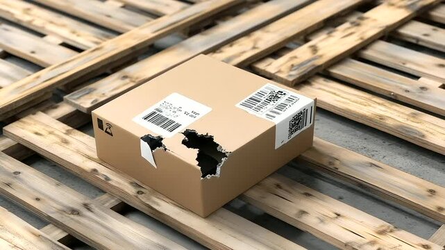 Isolated view of a severely dented and torn shipping box on a wooden pallet, surrounded by barcodes and shipping labels, hinting at transit damage and claim investigation procedure