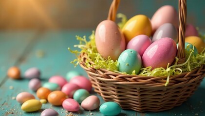 Colorful assortment of Easter candy eggs in a basket, various chocolate and candy coated options , holiday celebration, spring