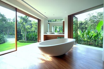 Fototapeta premium Modern bathroom with tub and view on a white background