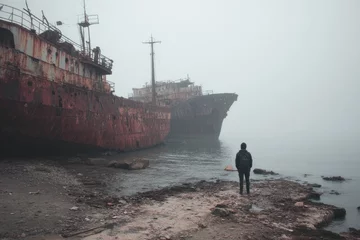 Selbstklebende Fototapeten Exploring an abandoned shipwreck on the coast © Chanrothana Pech
