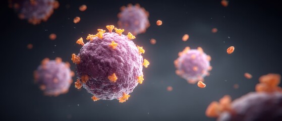 Microscopic view of coronavirus cells spreading infection; close-up 3D rendering of virus particles in dark environment; medical illustration of disease