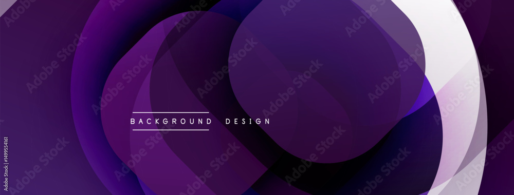Poster Abstract purple layers create dynamic background. Modern design features flowing shapes, gradients, text elements. Minimalist aesthetic.