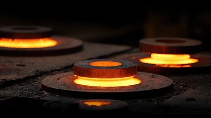 Industrial forging process close-up showing glowing hot metal rings in a dark factory setting, low angle view, manufacturing