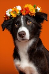 Portrait of Border Collie Puppy Wearing Flower Crown on Orange Background Studio Shot