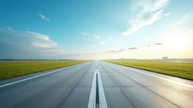 Scenic view of an empty airport runway with green grass fields under a blue sky at sunrise. Long road leading to horizon, travel concept.