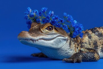 Portrait of a Baby Alligator Wearing a Blue Flower Crown on Blue Background Studio Shot Close Up Reptile Cute