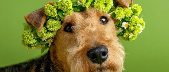 Close-up of Airedale Terrier Dog Wearing Flower Crown on Green Background Studio Shot Eye-Level Portrait Cute Pet