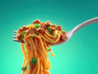 Spaghetti with meat sauce on a fork close up studio shot against a teal background delicious Italian food