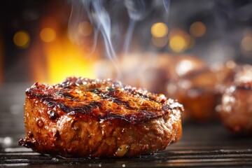 Close-up of Delicious Grilled Steak with Smoke on Grill Pan in Restaurant Kitchen, Eye-Level Shot, Gourmet Food