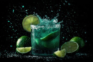 Refreshing Blue Margarita Cocktail Splash Close-Up Studio Shot on Black Background with Limes and Salted Rim