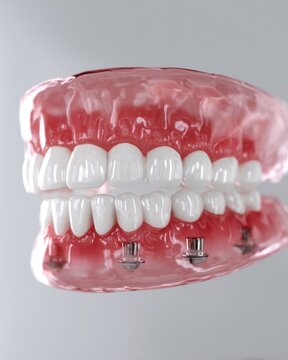 Dental implant supported overdenture prosthetic teeth close up studio shot for oral health and dental care concept
